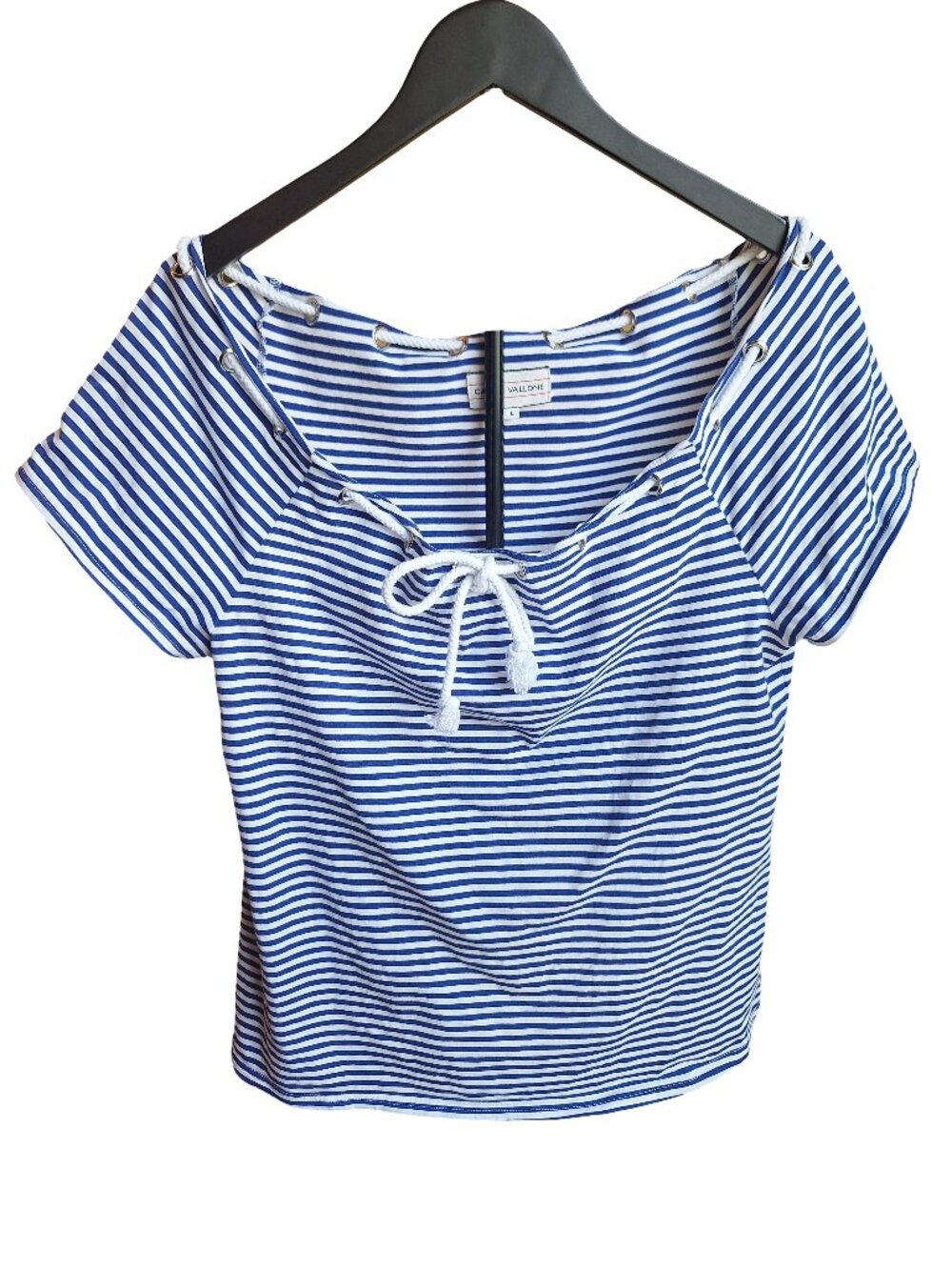 Caryn Vallone Nautical Blue Striped Lace Up Grommet Top Short Sleeve Sz L